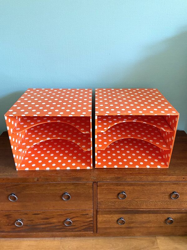 Cube rangement porte vinyles - orange à pois blanc