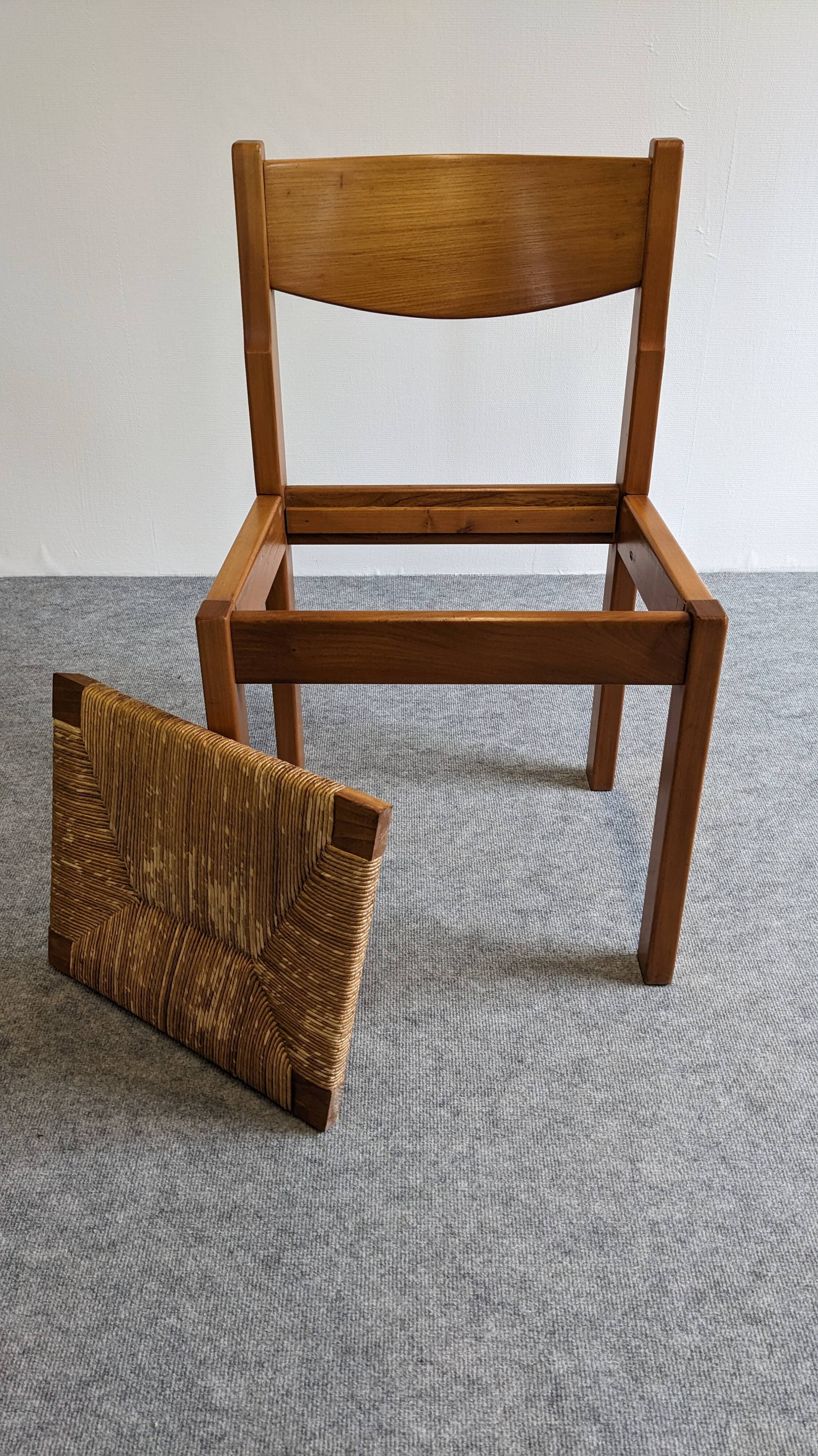 Série de 6 chaises paillées Maison Regain en orme massif, années 70-80