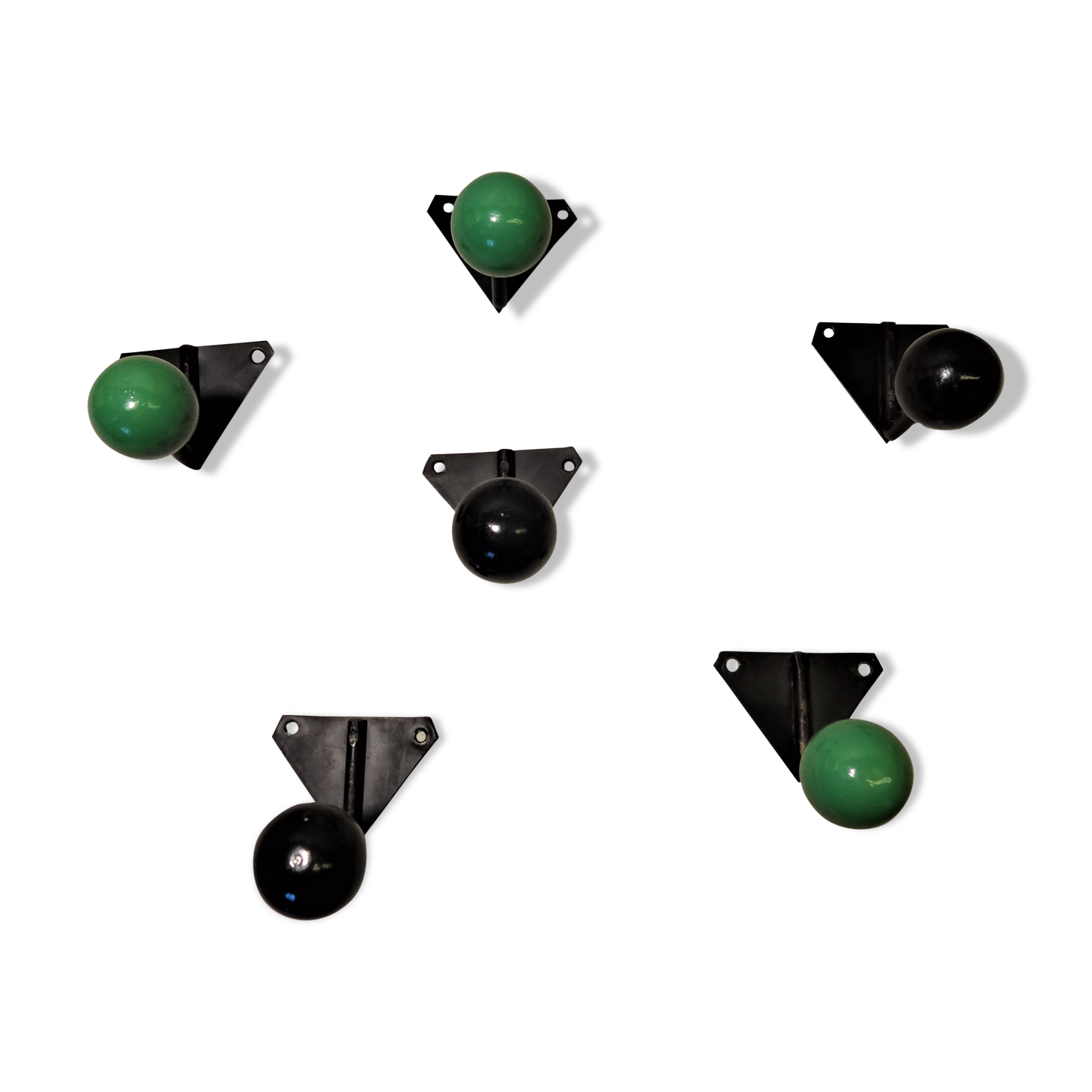 6 vintage green and black ball hooks