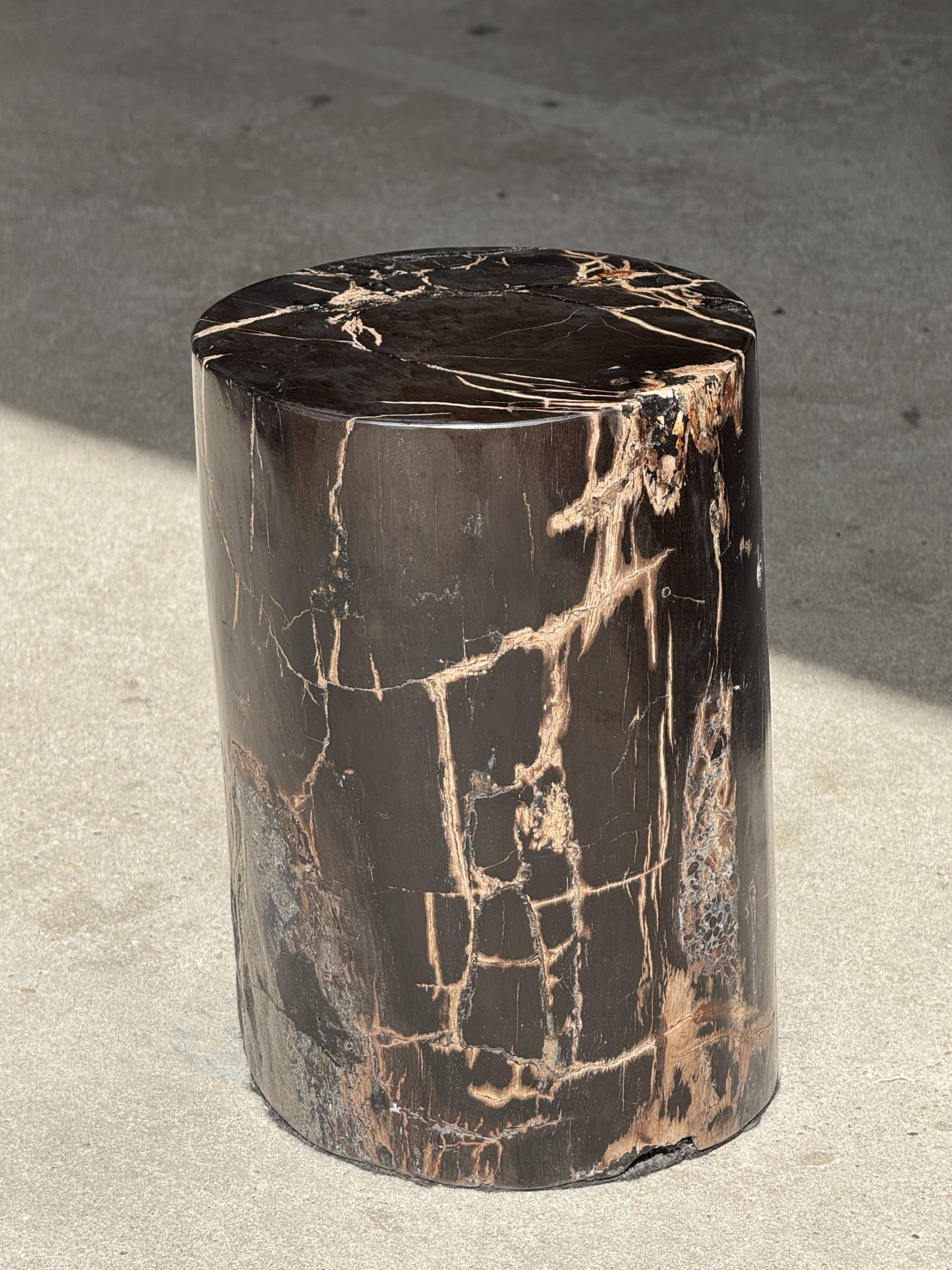Small black petrified wood side table with beige stripes H28 D18 - 3347