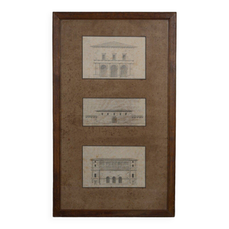 Pencil drawings architectural projects early 20th triptych