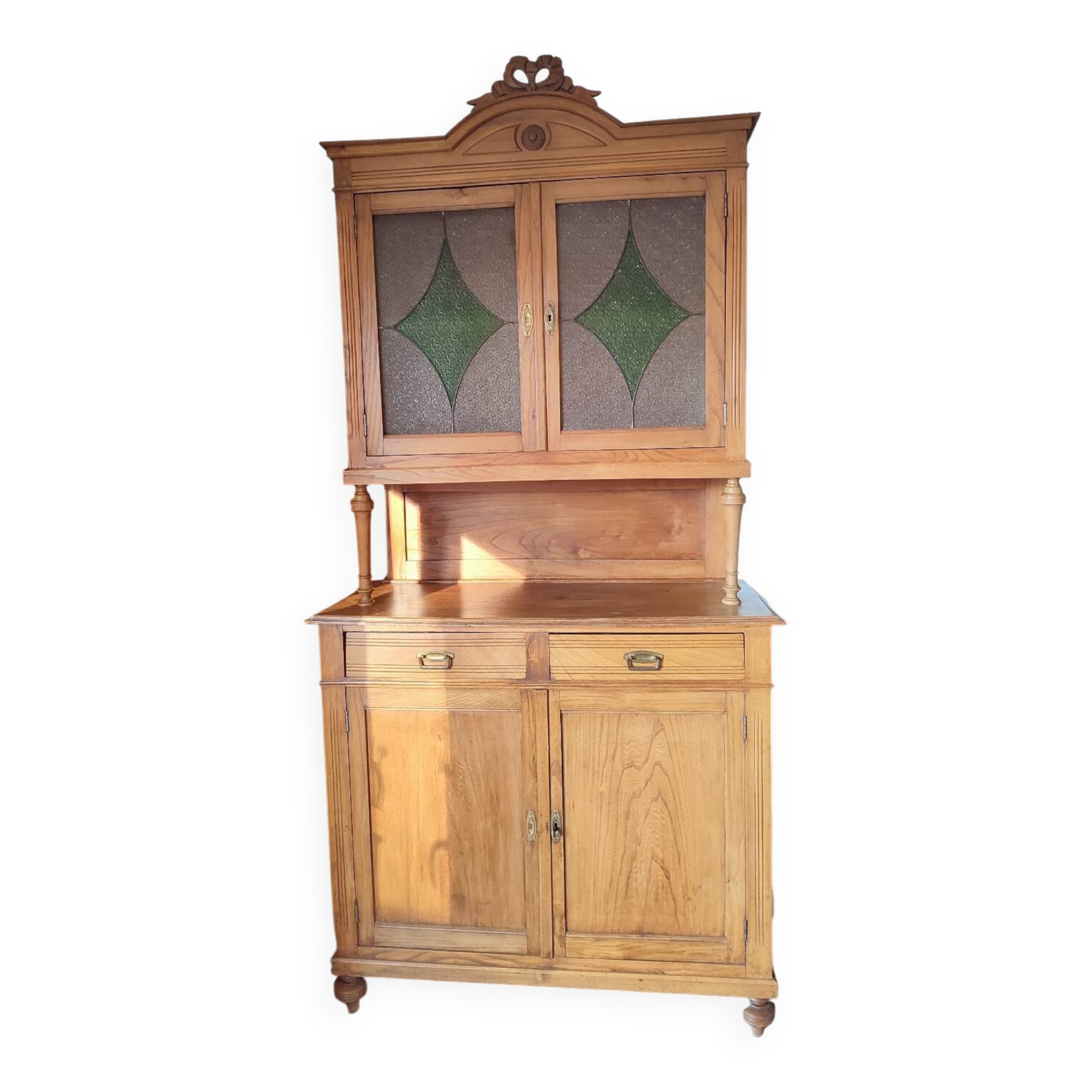 2-part wooden and stained-glass sideboard