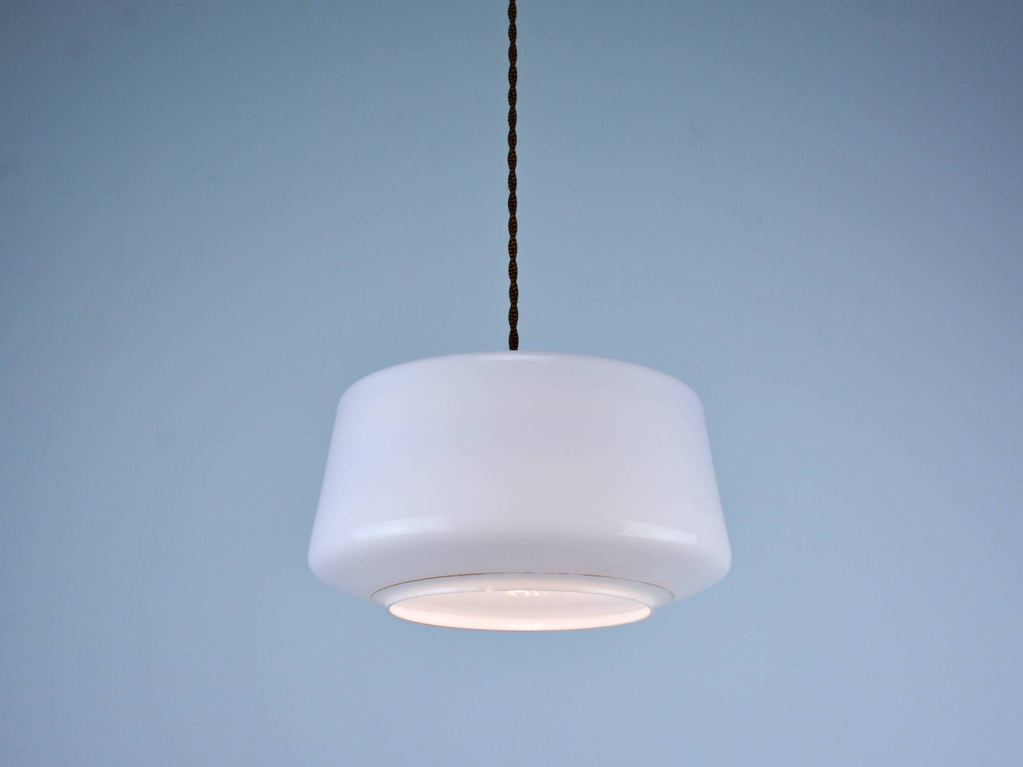 Vintage Mid-Century Baby Blue Glass and Brass Pendant Lamp