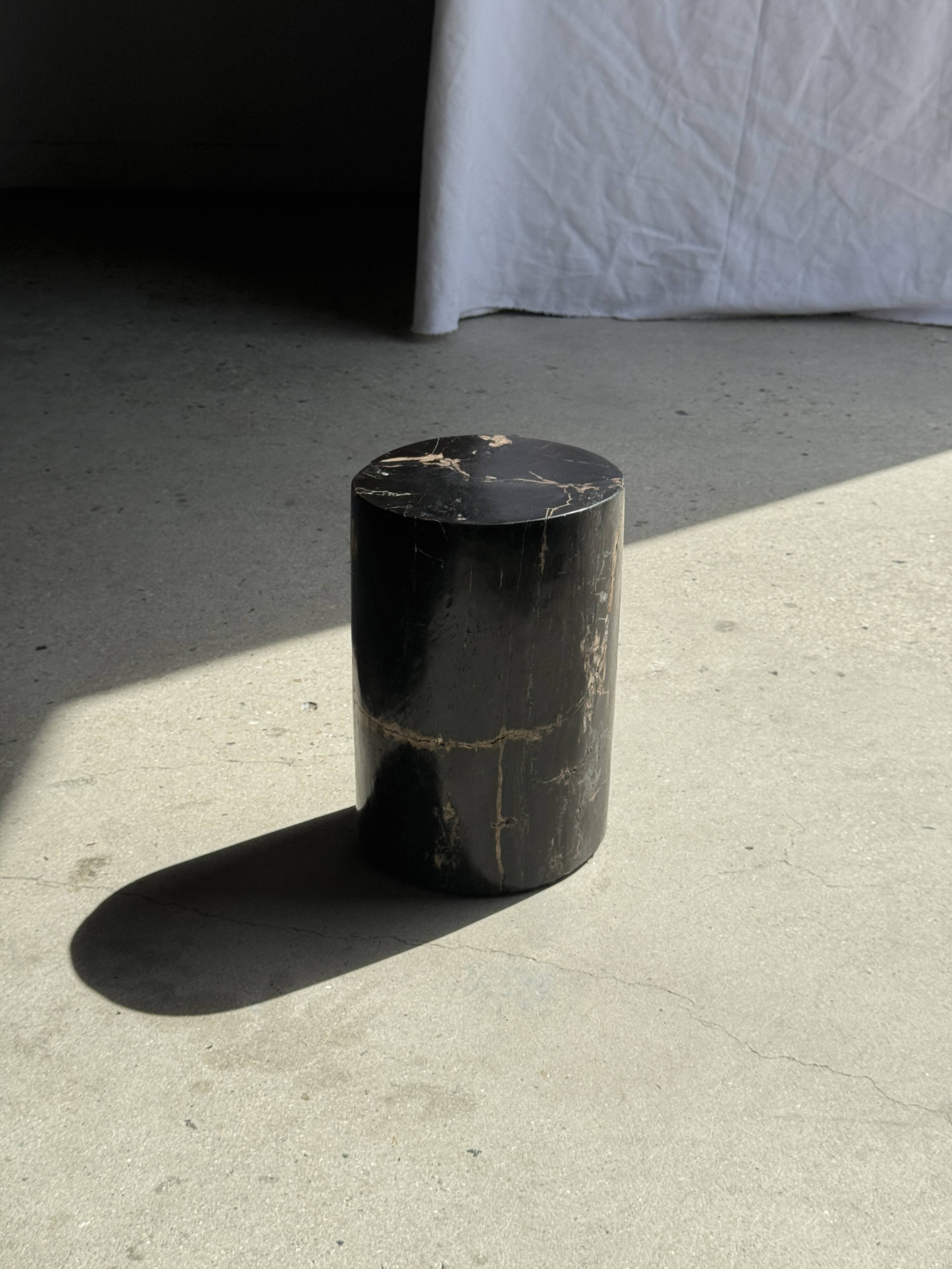 Small side table in black petrified wood with stripes and beige bottom H28.