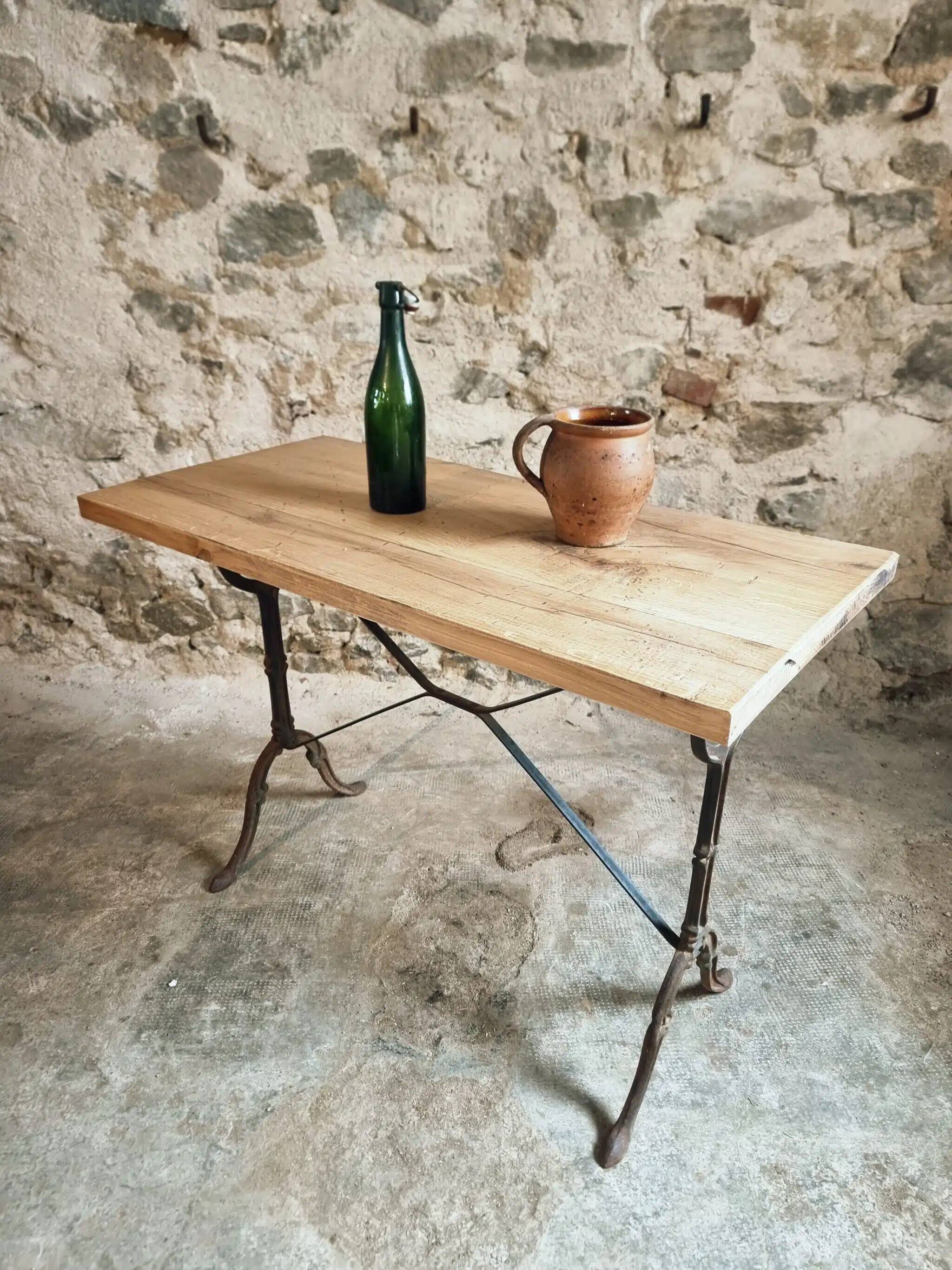 Vintage French bistro table - 1960s/70s cast iron base with solid oak top - retro coffee or wine table