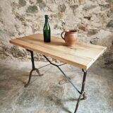 Vintage French bistro table - 1960s/70s cast iron base with solid oak top - retro coffee or wine table
