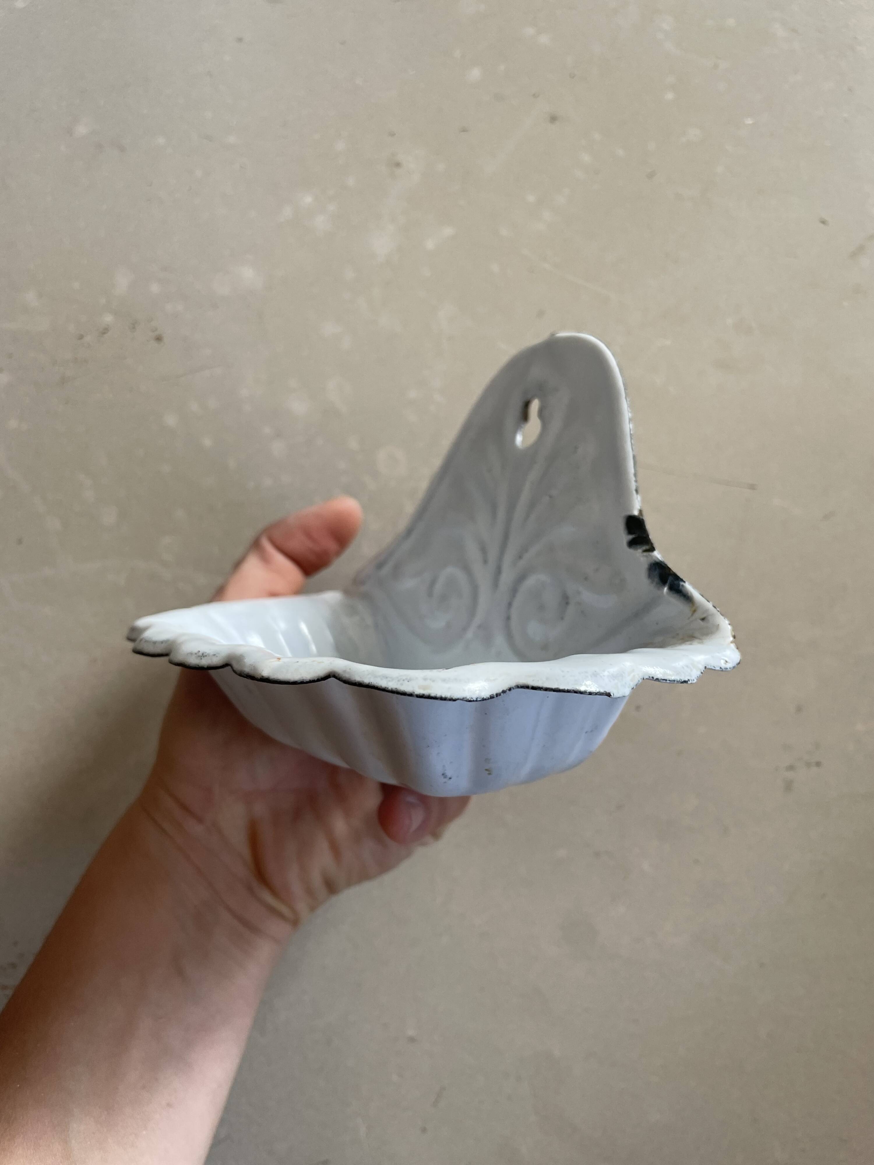 Antique enamelled metal wall mounted soap dish