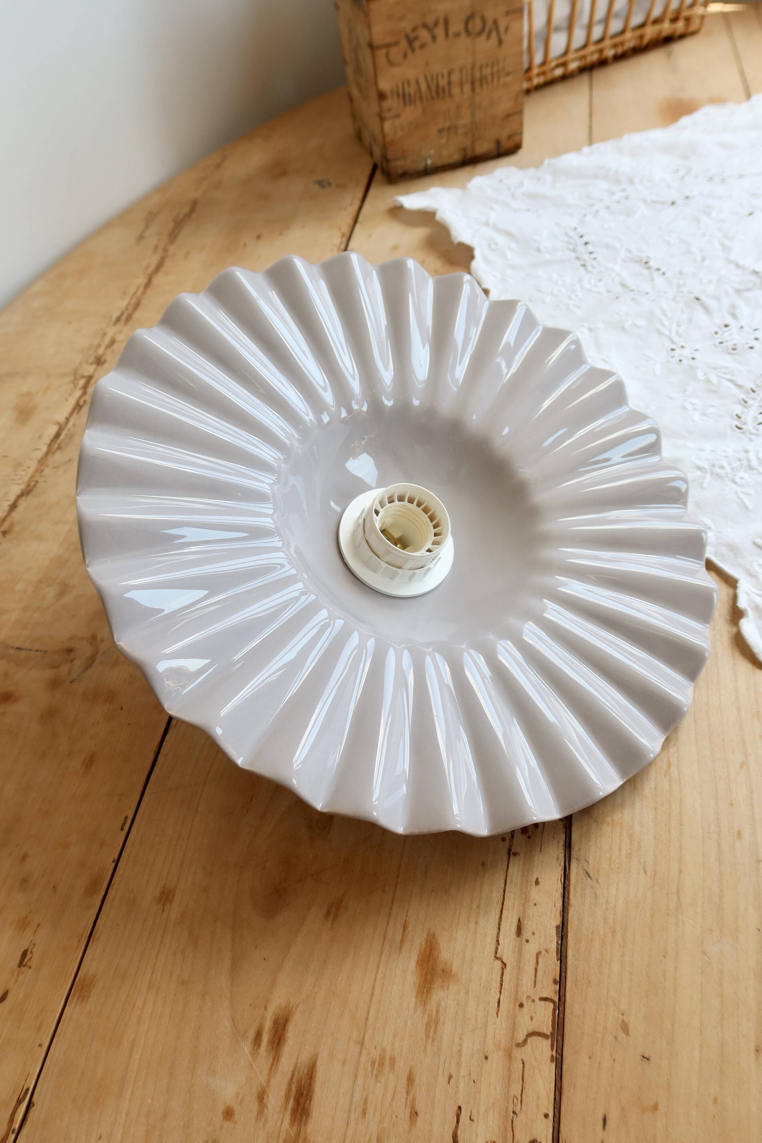 Vintage lilac taupe pleated ceramic pendant light