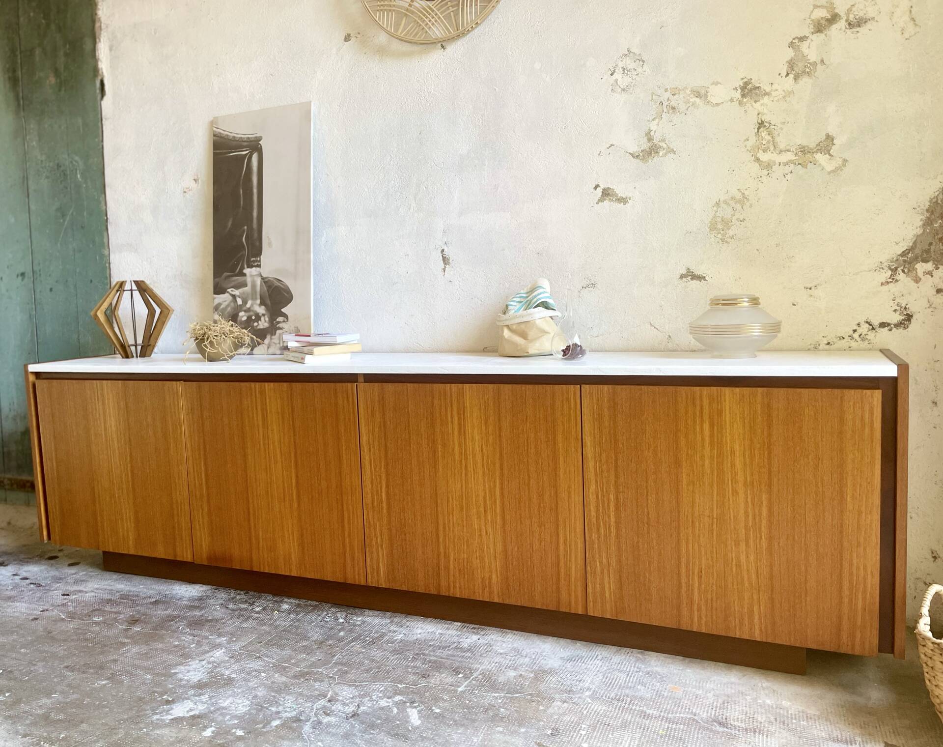 Large vintage sideboard 248 cm – wood & white mineral concrete top –
