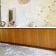 Large vintage sideboard 248 cm – wood & white mineral concrete top –