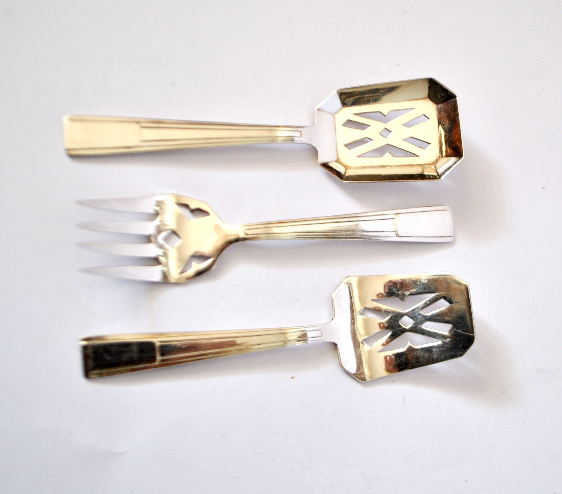 Set of 3 modernist 1950s dessert cutlery in silver by RENEKA.
