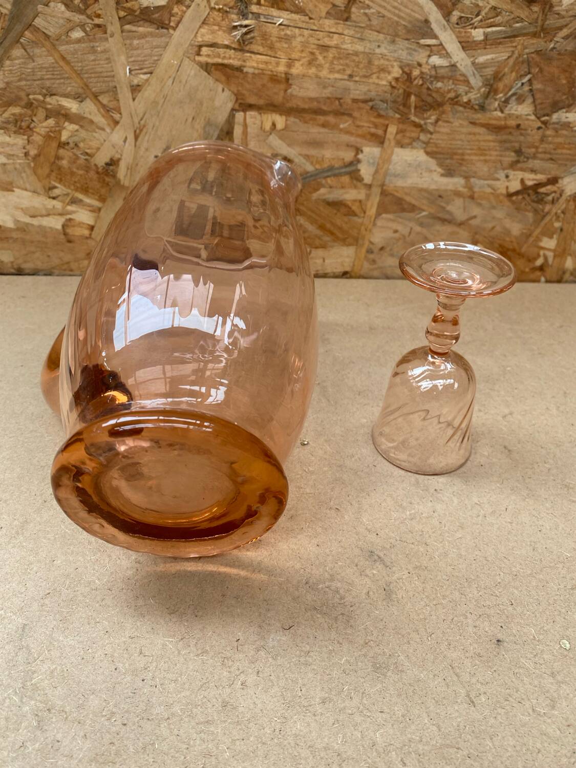 Antique Pink Blown Glass Pitcher Set + 6 Vintage Liqueur Glasses