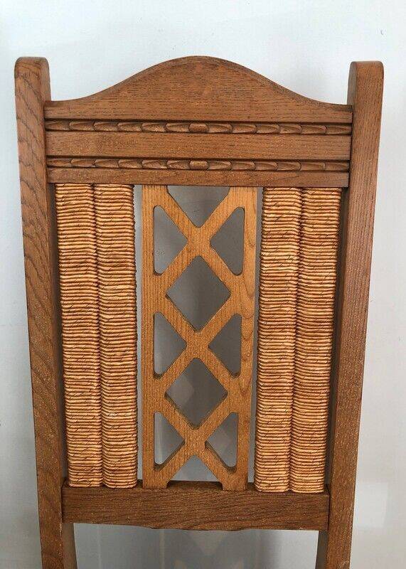 Lot de 6 chaises brutalistes en bois et rotin