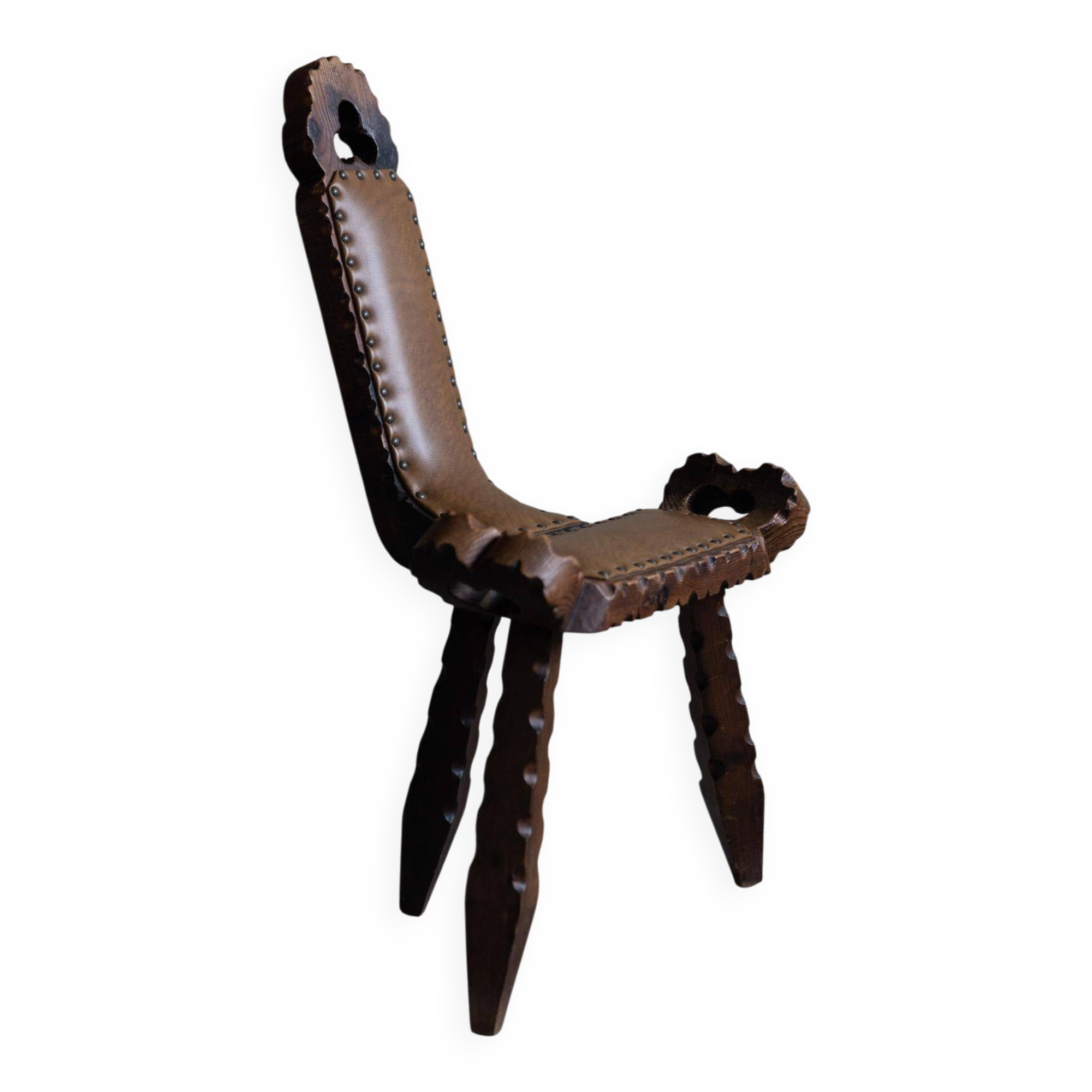 Carved wooden tripod chair with leather seat, Wabi Sabi, early 20th century.