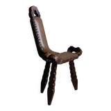 Carved wooden tripod chair with leather seat, Wabi Sabi, early 20th century.