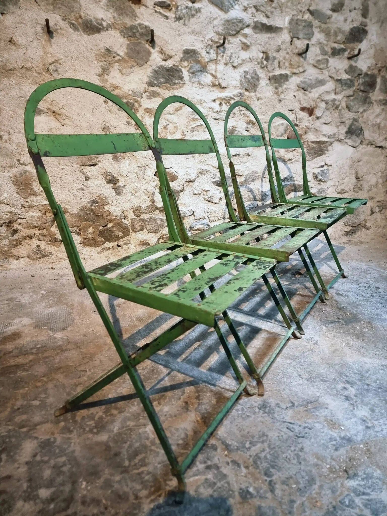 Set of 4 Antique Iron Folding Garden Chairs - 1920s Riveted Bistro Chairs with Aged Green Patina