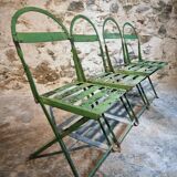Set of 4 Antique Iron Folding Garden Chairs - 1920s Riveted Bistro Chairs with Aged Green Patina