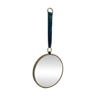 Miroir vintage 1960 oeil de sorcière velours turquoise soleil - 24 x 54 cm