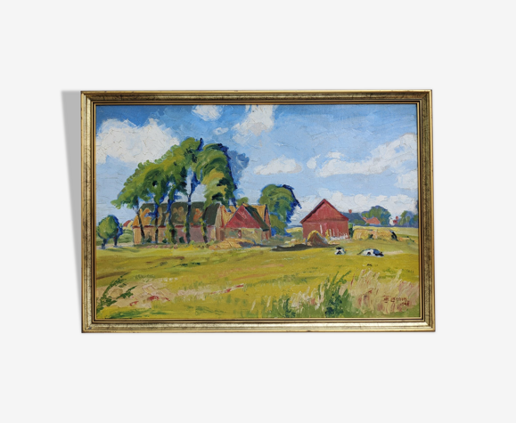 Huile de paysage suédois avec des vaches 'Sunday Mornings'