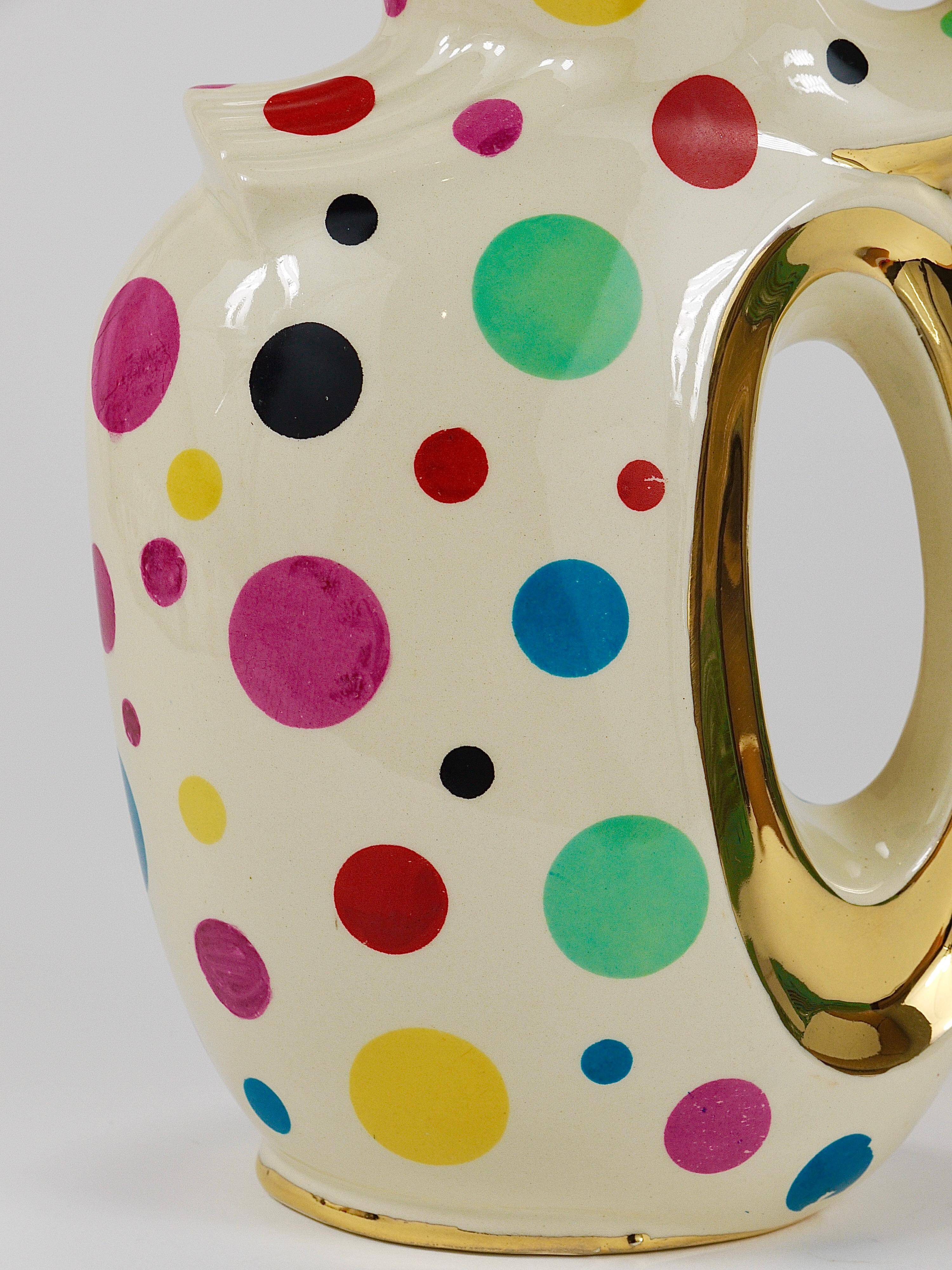 Boch Frères Pichet / Mid-Century Jug in Gold and Polka Dots, Belgium, 1950s