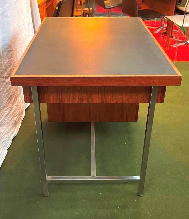 Teak veneer desk with chromed metal frame, from the 70s.