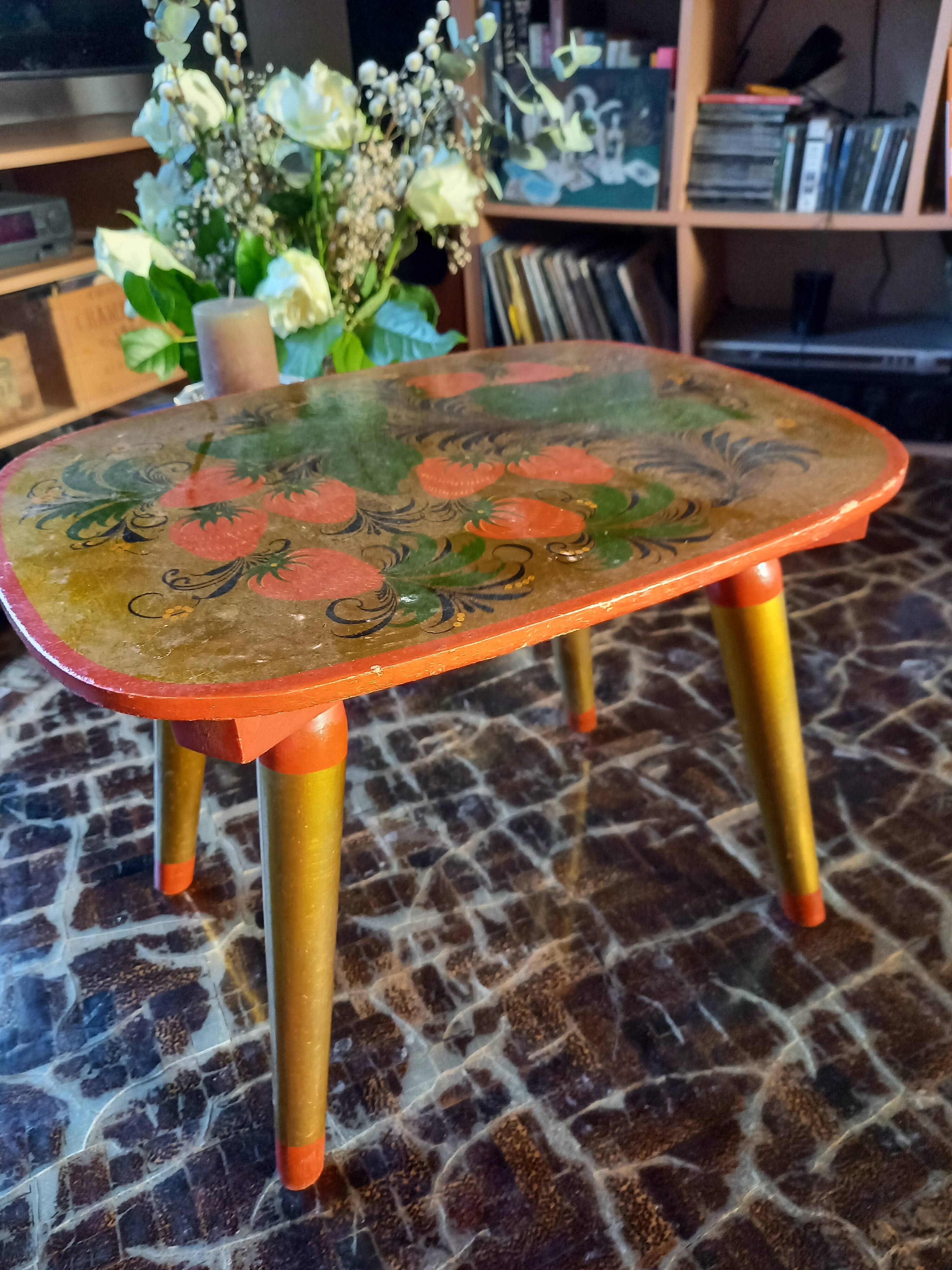 Old gilded wooden stool decorated vintage Russian craftsmanship