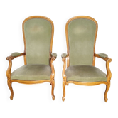 Paire de fauteuils Voltaire anciens — velours vert sauge — style Louis-Philippe — XIXe