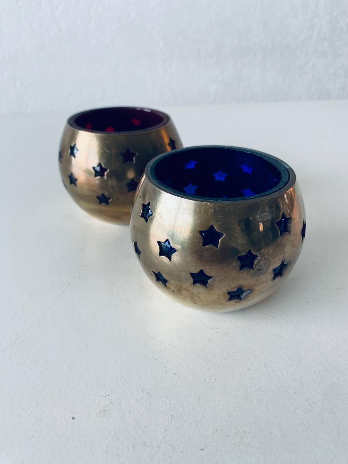 Pair of brass and glass tealight holders