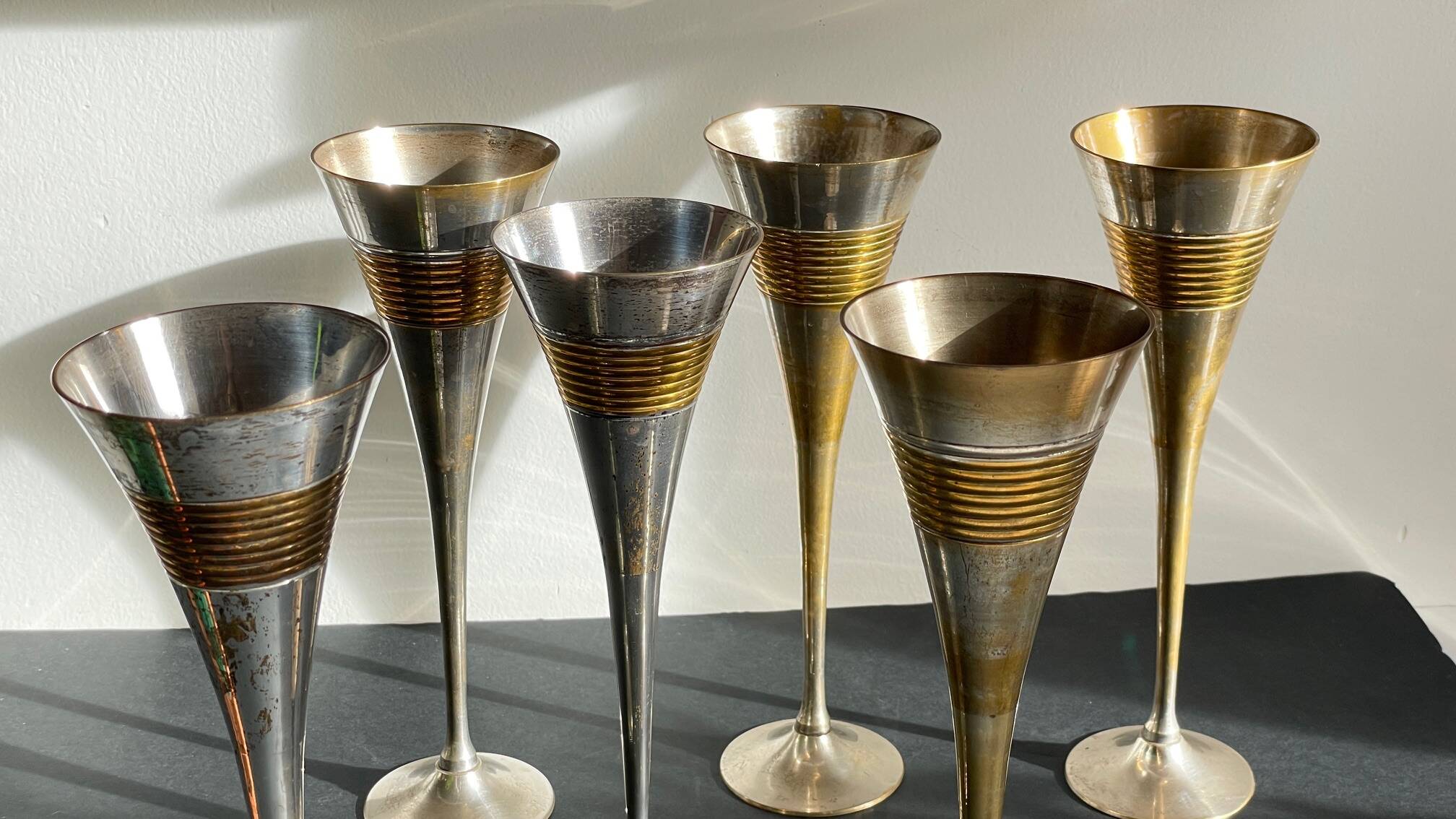 6 Vintage Silver-Plated Brass Champagne Flutes