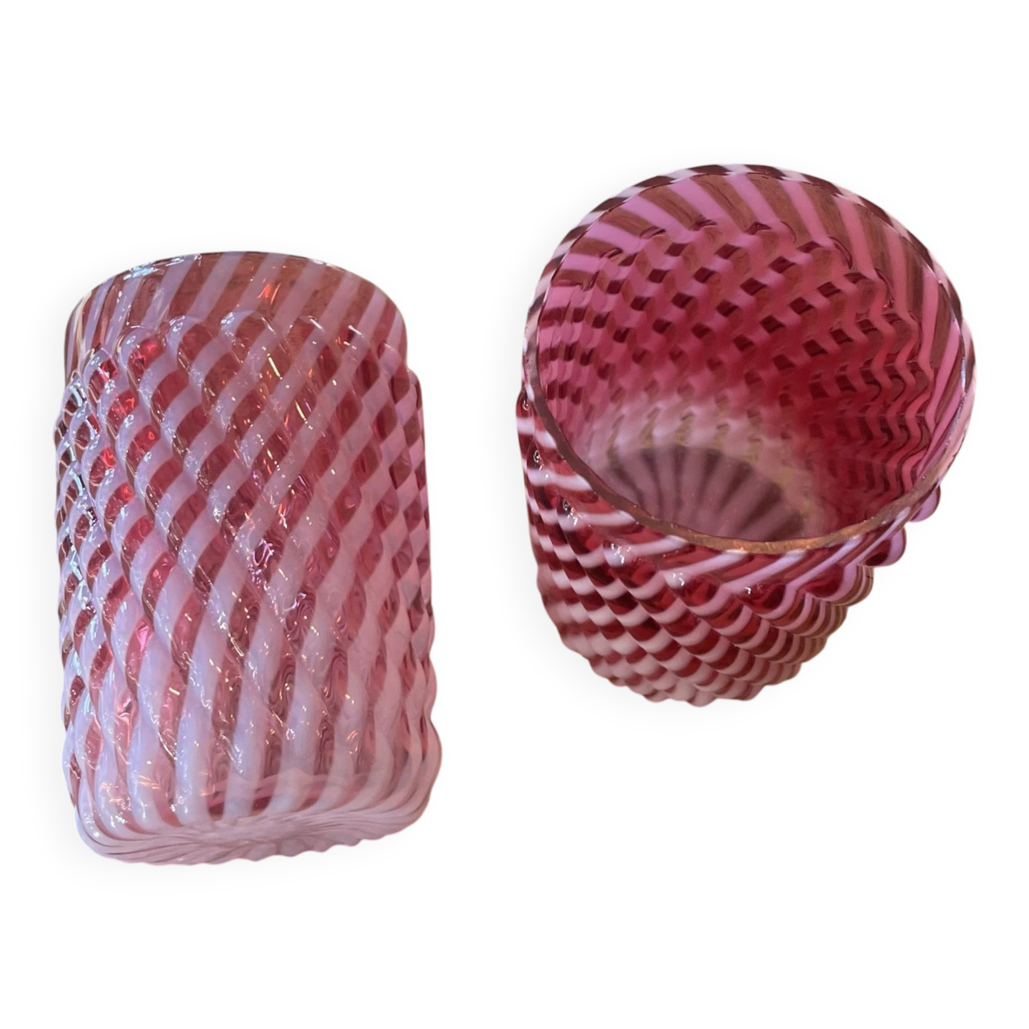 Two Northwood glasses from the 1930s in opalescent pink glass.