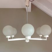 Six-light chrome metal chandelier and opaque glass globes / vintage 60s and 70s