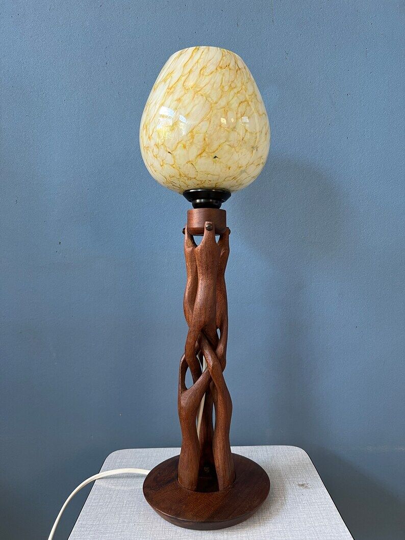 Hand-carved wooden table lamp with art deco lampshade