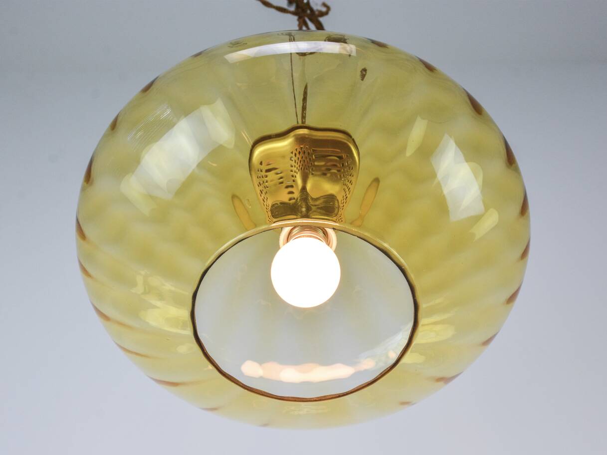 Mid-Century Brass and Light Gold/Yellow Pendant Lamp