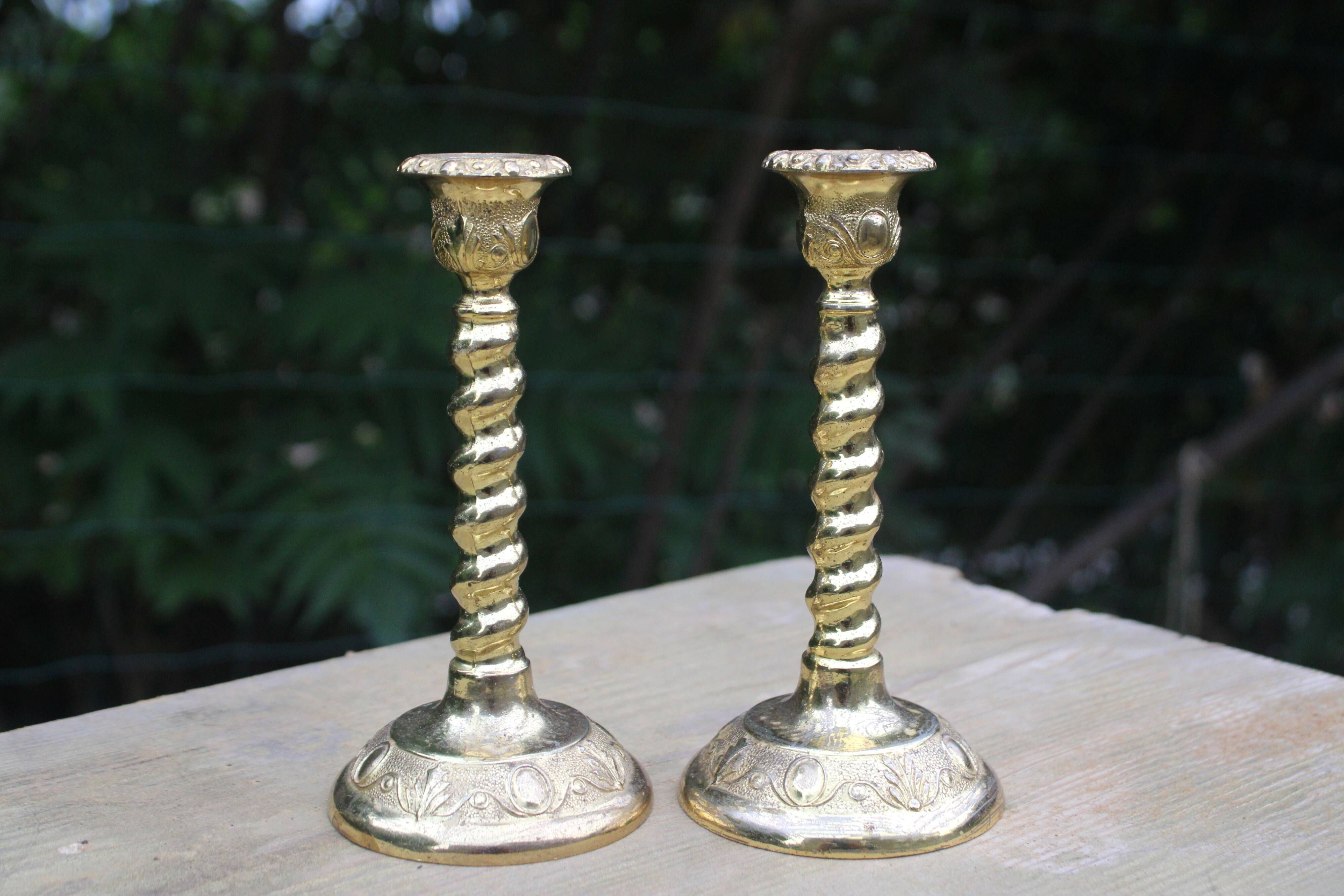 Pair of antique gilt brass candlesticks – Made in England – vintage style