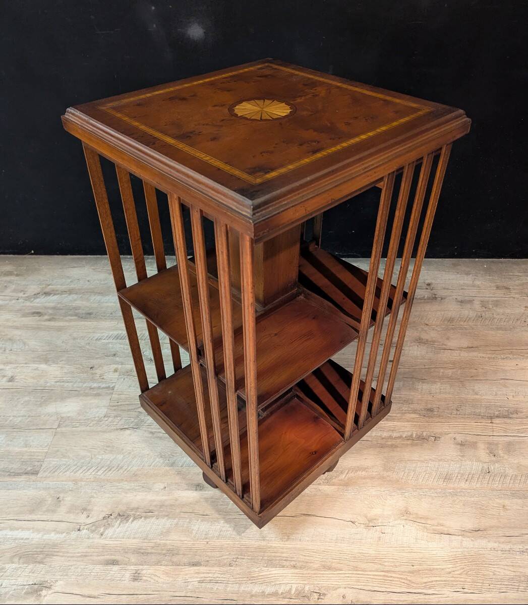 English rotating library in mahogany and marquetry