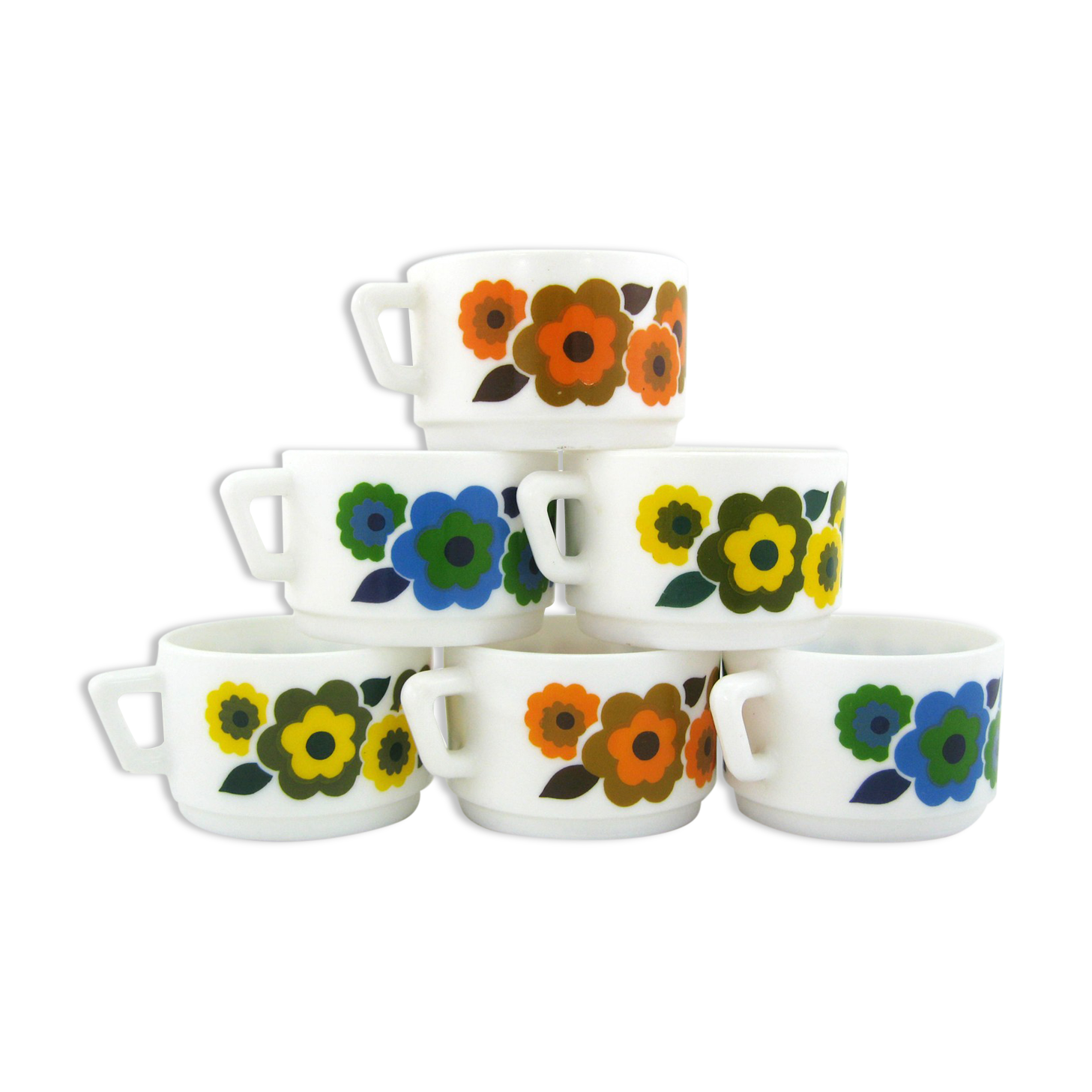 6 cups lotus arcopal france - orange, blue and yellow pop flower patterns - vintage 70s