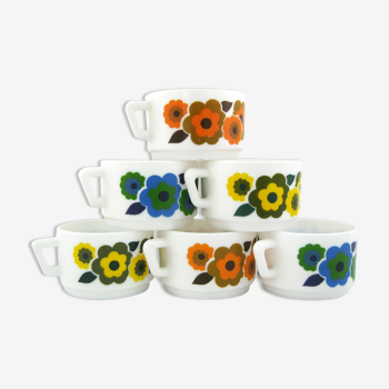6 tasses lotus arcopal france - motifs fleurs pop orange, bleues et jaunes - vintage années 70