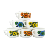 6 cups lotus arcopal france - orange, blue and yellow pop flower patterns - vintage 70s