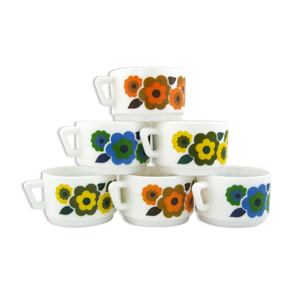 6 cups lotus arcopal france - orange, blue and yellow pop flower patterns - vintage 70s