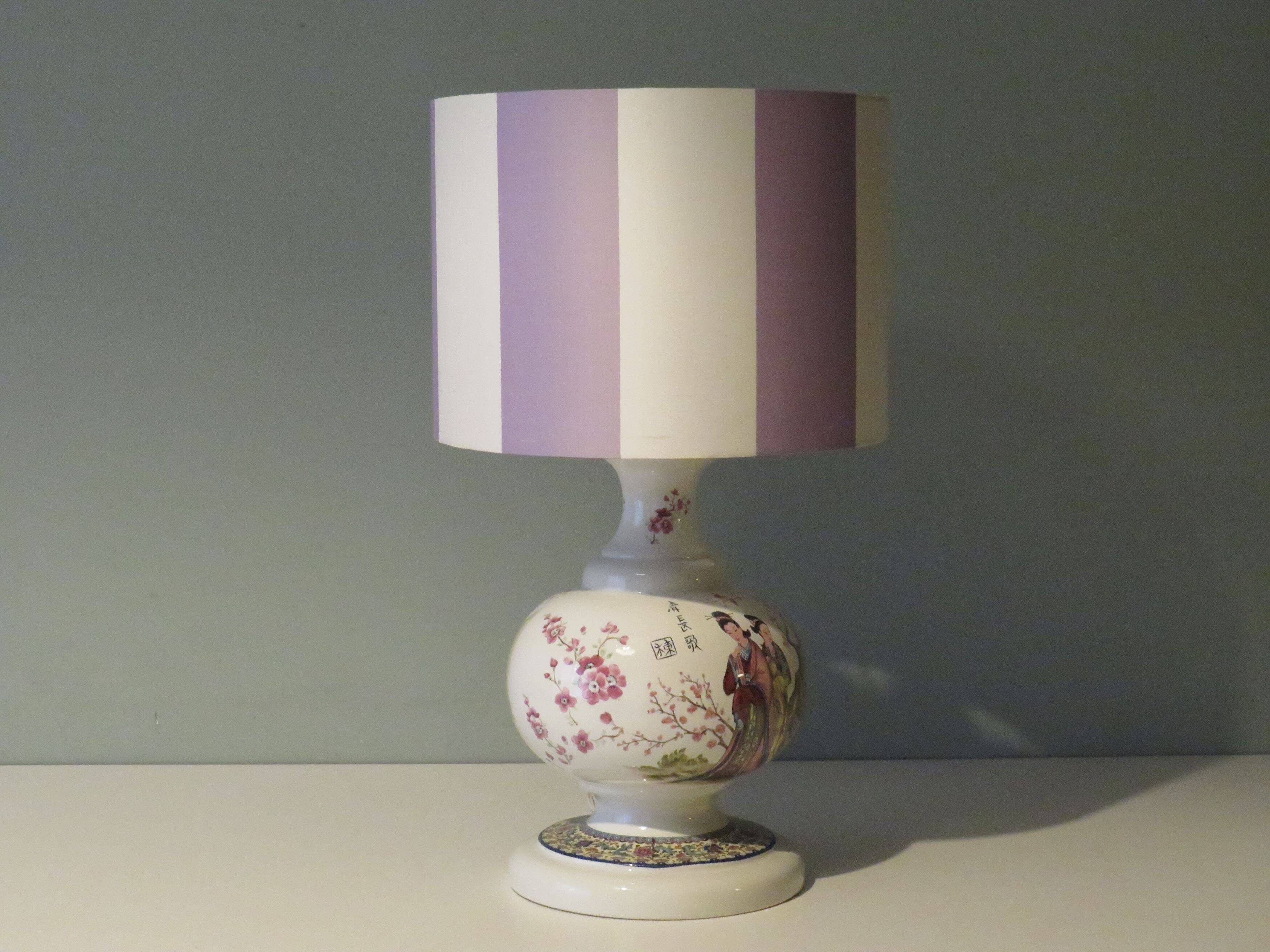 Large vintage ceramic table lamp with oriental images.