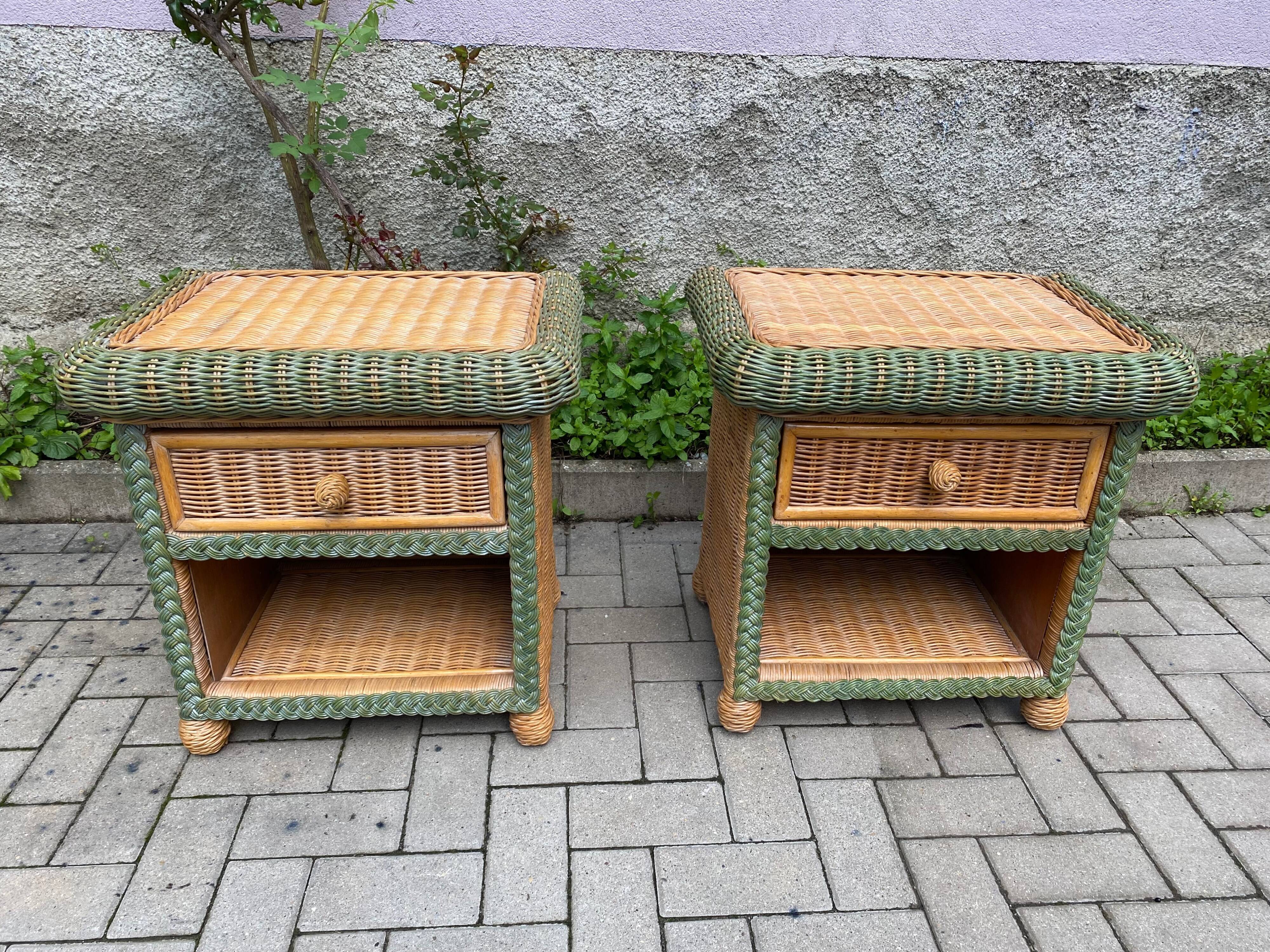 pair of bedside tables in rattan and wicker for rock bobois 1970