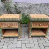 Paire de tables de chevet en rotin et osier pour roche bobois 1970