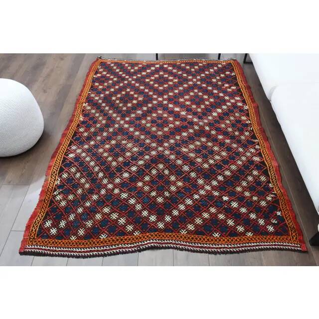 1970s Vintage Turkish Oushak Handmade Wool Cotton Red Runner Rug 161x214