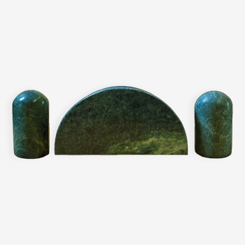 Trio of salt shakers, pepper shakers and napkin holders in green marble