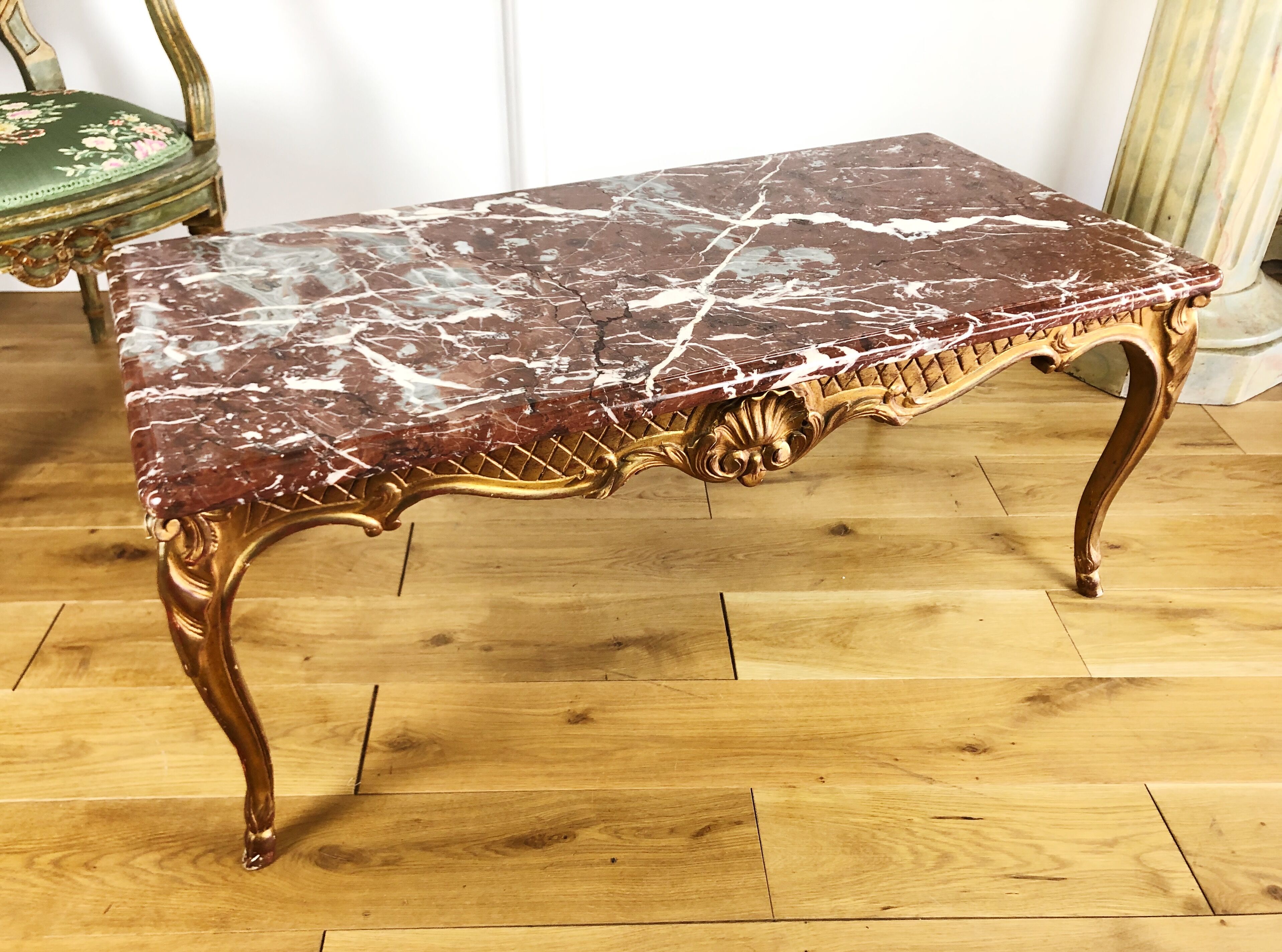 Low table of Style Louis XV gold wooden / marble top