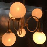 Pair of brass and opaline hanging lamps
