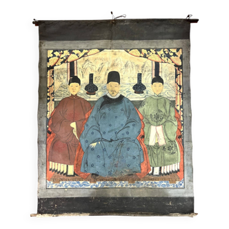 Chine, encre sur toile portrait trois ancêtres vers 1900