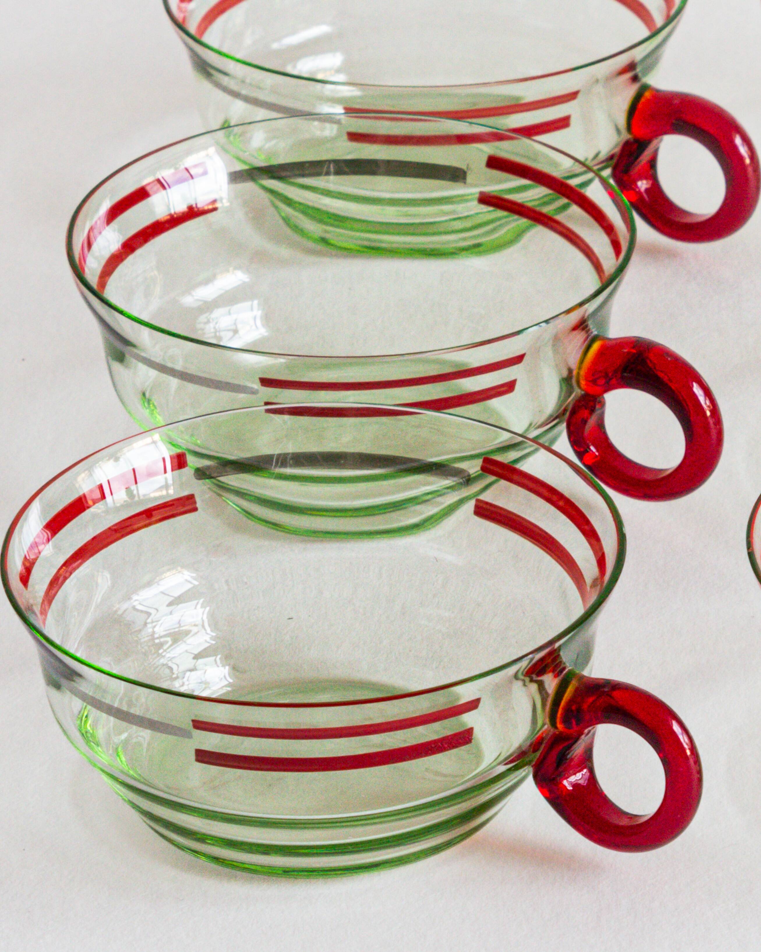 Set of six mouth-blown uranium glass cups, France, Mid-Century