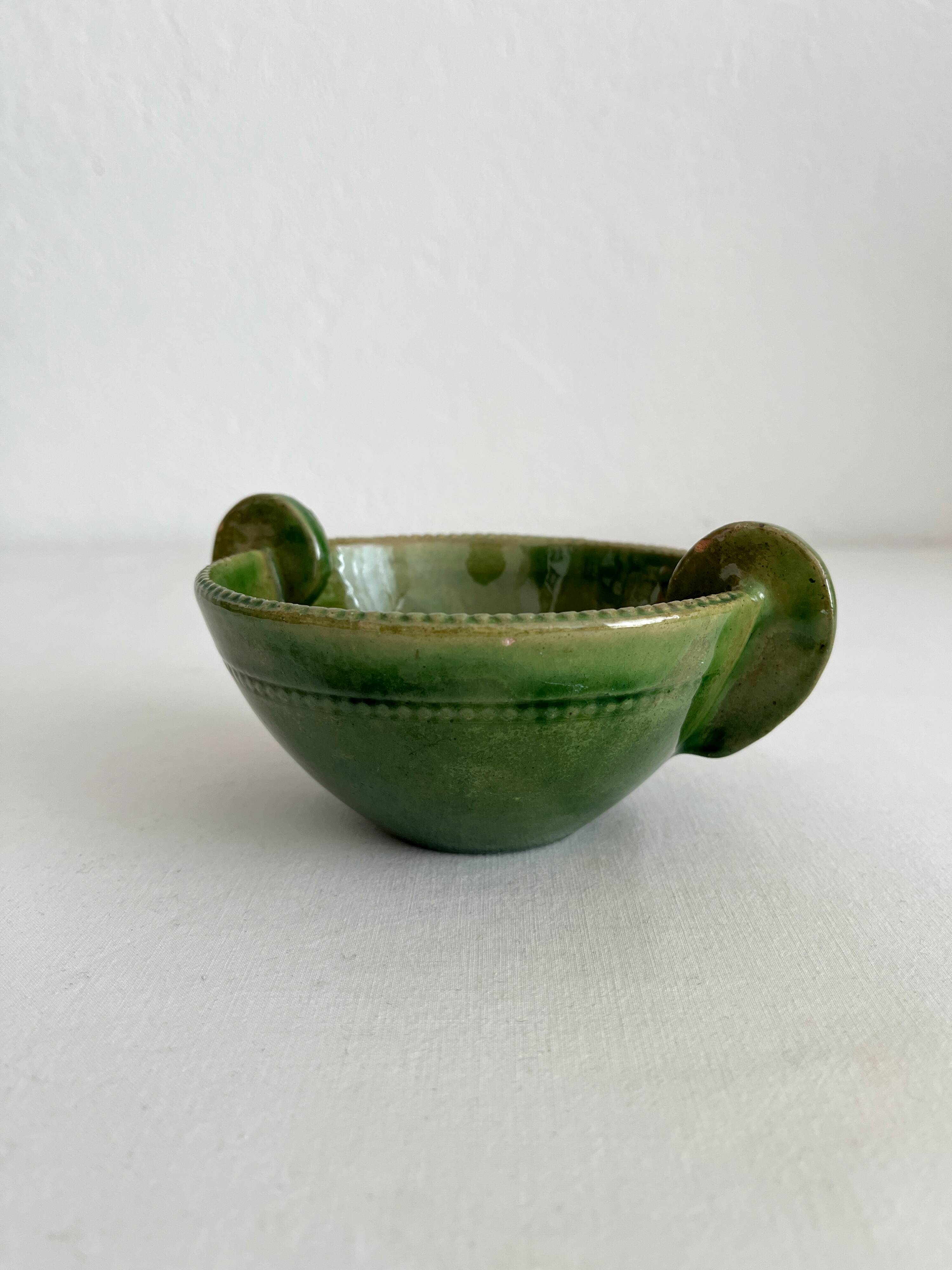 Antique green glazed ceramic bowl with handles, Tamegroute type