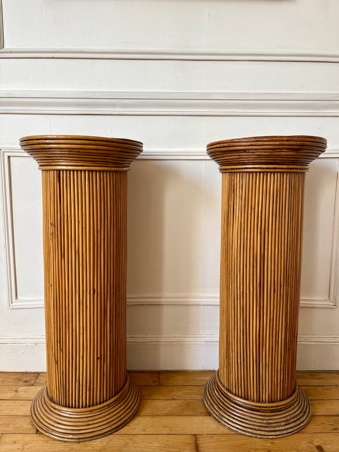 Pair of vintage rattan veneer columns